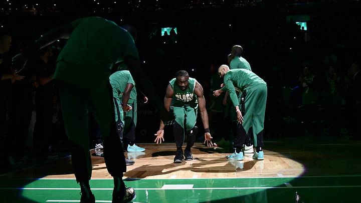Feb 23, 2025; Boston, Massachusetts, USA;  Boston Celtics guard Jaylen Brown (7) is introduced to the crowd prior to a game against the New York Knicks at TD Garden. Mandatory Credit: Bob DeChiara-Imagn Images