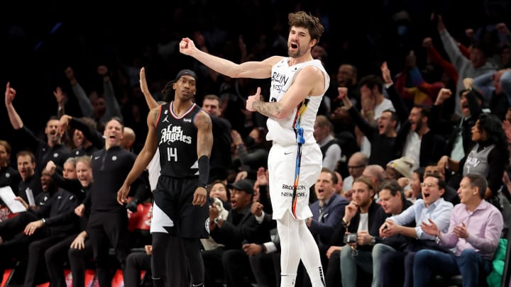 Feb 6, 2023; Brooklyn, New York, USA; Brooklyn Nets forward Joe Harris (12) reacts during the fourth quarter against the Los Angeles Clippers at Barclays Center. Mandatory Credit: Brad Penner-USA TODAY Sports