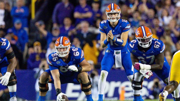 Nov 11, 2023; Baton Rouge, Louisiana, USA;  Florida Gators quarterback Graham Mertz (15) calls form the ball against the LSU Tigers during the first half at Tiger Stadium. Mandatory Credit: Stephen Lew-USA TODAY Sports