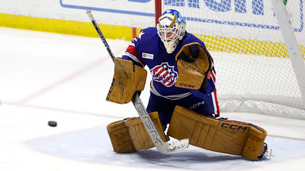 Hockey goalie in blue uniform