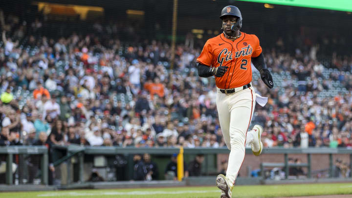 Jul 12, 2024; San Francisco, California, USA; San Francisco Giants designated hitter Jorge Soler (2) scores against the Minnesota Twins during the first inning at Oracle Park. Mandatory Credit: John Hefti-USA TODAY Sports