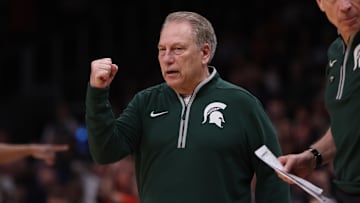 Mar 30, 2025; Atlanta, GA, USA; Michigan State Spartans head coach Tom Izzo during the second half in the South Regional final of the 2025 NCAA tournament against the Auburn Tigers at State Farm Arena. Mandatory Credit: Brett Davis-Imagn Images