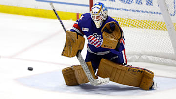 Buffalo Sabres goalie prospect Devon Levi as a member of the AHL's Rochester Americans.