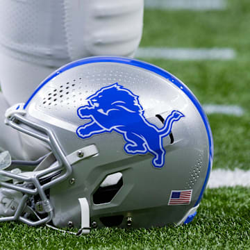 Dec 3, 2023; New Orleans, Louisiana, USA; Detailed view of the Detroit Lions helmet during warmups before the game against the New Orleans Saints at Caesars Superdome. Mandatory Credit: Stephen Lew-Imagn Images