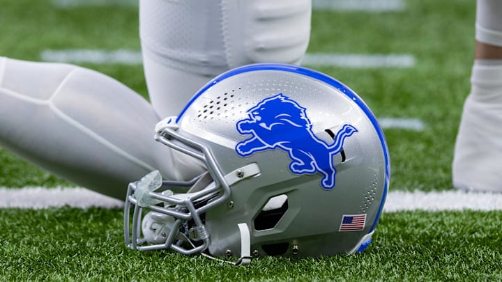 Dec 3, 2023; New Orleans, Louisiana, USA; Detailed view of the Detroit Lions helmet during warmups before the game against the New Orleans Saints at Caesars Superdome. Mandatory Credit: Stephen Lew-Imagn Images