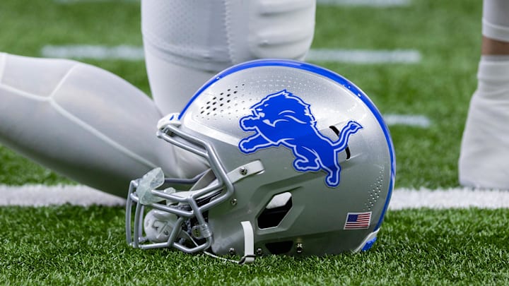Dec 3, 2023; New Orleans, Louisiana, USA; Detailed view of the Detroit Lions helmet during warmups before the game against the New Orleans Saints at Caesars Superdome. Mandatory Credit: Stephen Lew-Imagn Images