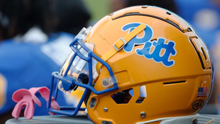 Sep 2, 2023; Pittsburgh, Pennsylvania, USA;  A Pittsburgh Panthers helmet on the sidelines against the Wofford Terriers during the fourth quarter at Acrisure Stadium. Mandatory Credit: Charles LeClaire-USA TODAY Sports