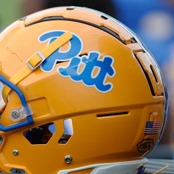 Sep 2, 2023; Pittsburgh, Pennsylvania, USA;  A Pittsburgh Panthers helmet on the sidelines against the Wofford Terriers during the fourth quarter at Acrisure Stadium. Mandatory Credit: Charles LeClaire-Imagn Images