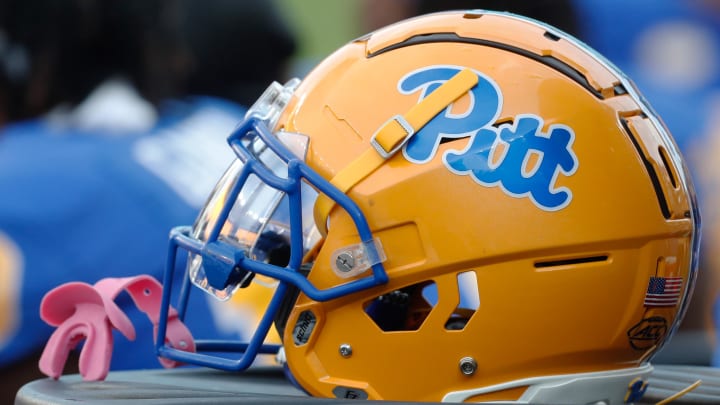 Sep 2, 2023; Pittsburgh, Pennsylvania, USA;  A Pittsburgh Panthers helmet on the sidelines against the Wofford Terriers during the fourth quarter at Acrisure Stadium. Mandatory Credit: Charles LeClaire-USA TODAY Sports