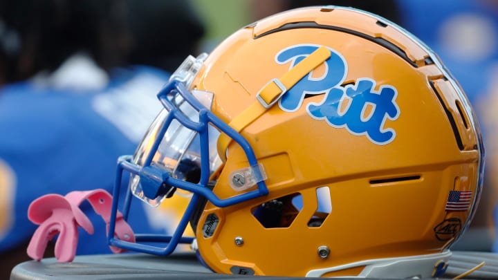 Sep 2, 2023; Pittsburgh, Pennsylvania, USA;  A Pittsburgh Panthers helmet on the sidelines against the Wofford Terriers during the fourth quarter at Acrisure Stadium. Mandatory Credit: Charles LeClaire-USA TODAY Sports