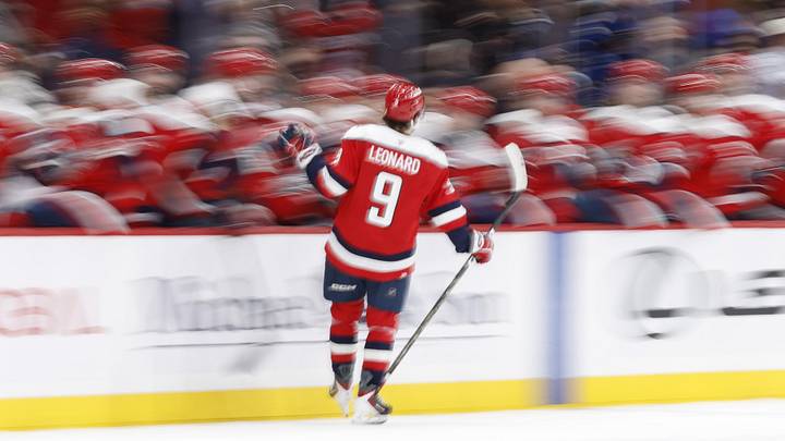 Apr 4, 2026; Washington, District of Columbia, USA; Washington Capitals right wing Ryan Leonard (9) celebrates with teammates after scoring a goal against the Buffalo Sabres during the third period at Capital One Arena. Mandatory Credit: Geoff Burke-Imagn Images