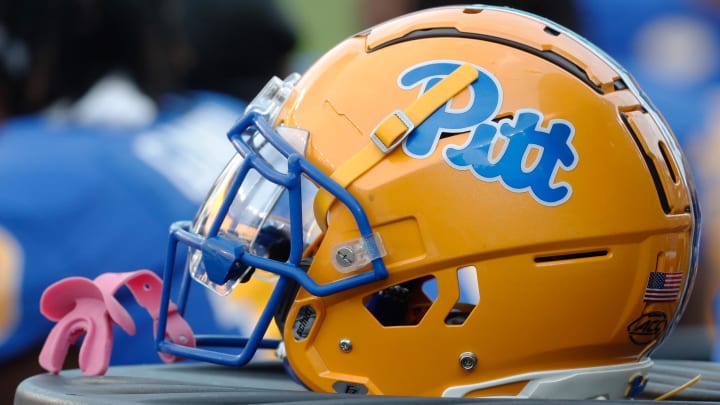 Sep 2, 2023; Pittsburgh, Pennsylvania, USA;  A Pittsburgh Panthers helmet on the sidelines against the Wofford Terriers during the fourth quarter at Acrisure Stadium. Mandatory Credit: Charles LeClaire-USA TODAY Sports