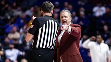 Jan 14, 2025; Baton Rouge, Louisiana, USA;  Arkansas Razorbacks head coach John Calipari points a foul out to the referee against the LSU Tigers during the second half at Pete Maravich Assembly Center. Mandatory Credit: Stephen Lew-Imagn Images