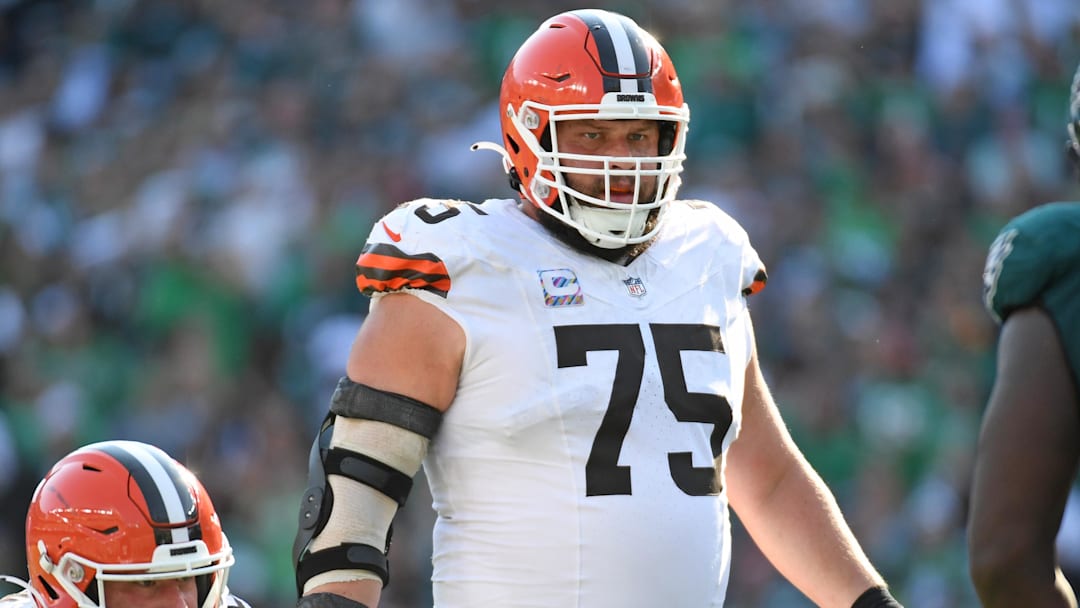 Oct 13, 2024; Philadelphia, Pennsylvania, USA; Cleveland Browns guard Joel Bitonio (75) against the Philadelphia Eagles at Lincoln Financial Field. Mandatory Credit: Eric Hartline-Imagn Images