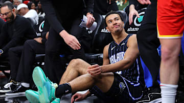 Caleb Houstan reacts after a foul against the Atlanta Hawks