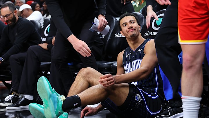 Caleb Houstan reacts after a foul against the Atlanta Hawks