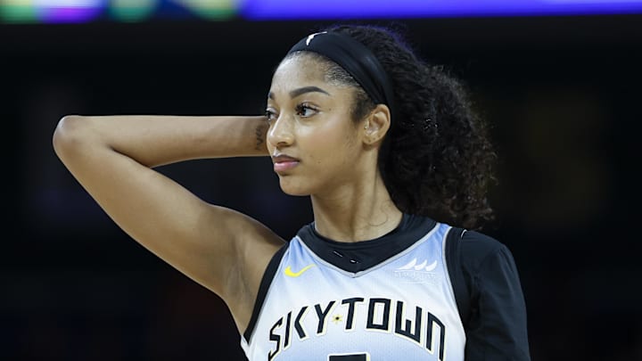 Sep 3, 2025; Chicago, Illinois, USA; Chicago Sky forward Angel Reese (5) walks on the court during the second half of a WNBA game against the Connecticut Sun at Wintrust Arena. Mandatory Credit: Kamil Krzaczynski-Imagn Images