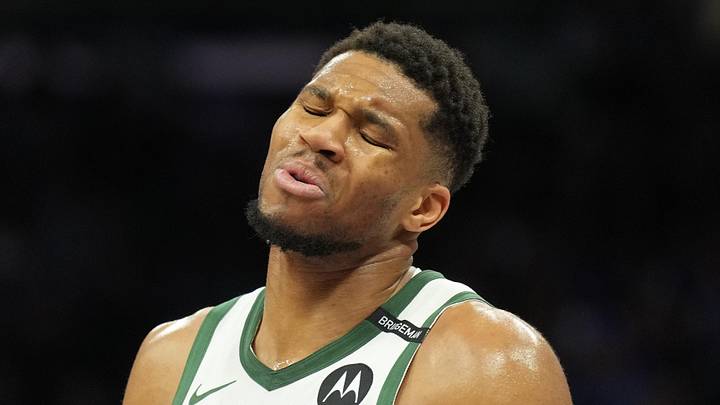 Mar 22, 2025; Sacramento, California, USA; Milwaukee Bucks forward Giannis Antetokounmpo (34) reacts during the third quarter against the Sacramento Kings at Golden 1 Center. Mandatory Credit: Darren Yamashita-Imagn Images