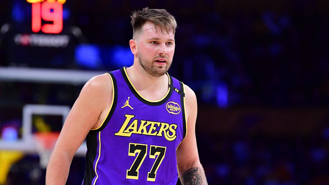 Feb 25, 2025; Los Angeles, California, USA; Los Angeles Lakers guard Luka Doncic (77) during the second half against the Dallas Mavericks at Crypto.com Arena. Mandatory Credit: Gary A. Vasquez-Imagn Images