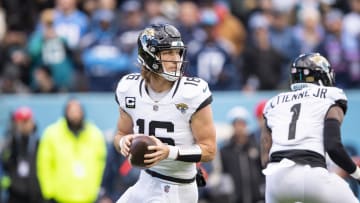 Jan 7, 2024; Nashville, Tennessee, USA;  Jacksonville Jaguars quarterback Trevor Lawrence (16) at Nissan Stadium.