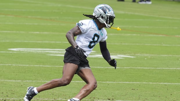 Carolina Panthers cornerback Jaycee Horn (8) in pursuit during OTAs. Credit: Jim Dedmon-USA TODAY Sports