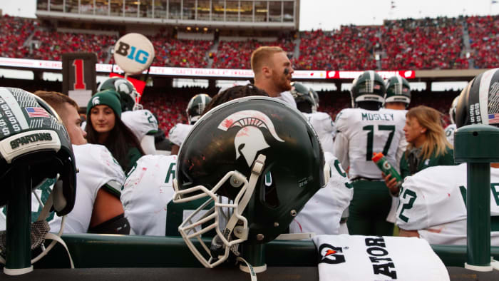 Oct 12, 2019; Madison, WI, USA; Michigan State Spartans helmet on the sidelines during the game