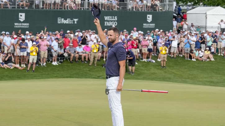 May 7, 2023; Charlotte, North Carolina, USA; Wyndham Clark celebrates to the gallery after his win