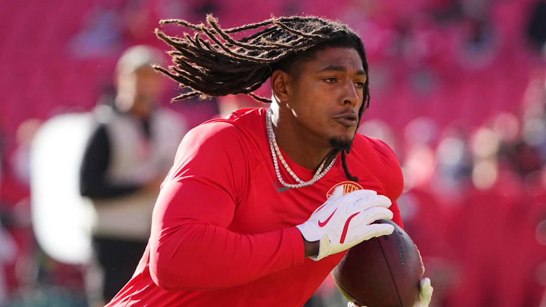 Oct 19, 2025; Kansas City, Missouri, USA; Kansas City Chiefs running back Isiah Pacheco (10) warms up prior to the game against the Las Vegas Raiders at GEHA Field at Arrowhead Stadium. Mandatory Credit: Denny Medley-Imagn Images