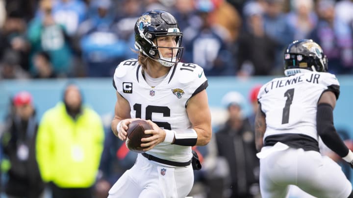Jan 7, 2024; Nashville, Tennessee, USA;  Jacksonville Jaguars quarterback Trevor Lawrence (16) stands in the pocket against the Tennessee Titans during the first half at Nissan Stadium. 