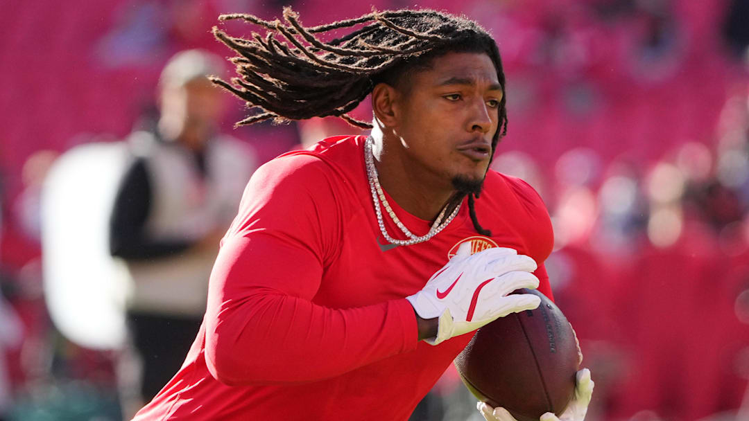 Kansas City Chiefs running back Isiah Pacheco (10) warms up prior to the game against the Las Vegas Raiders at GEHA Field at Arrowhead Stadium.