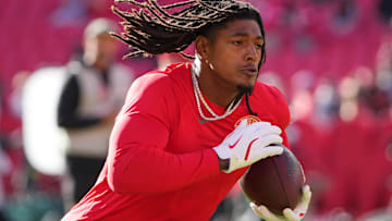 Oct 19, 2025; Kansas City, Missouri, USA; Kansas City Chiefs running back Isiah Pacheco (10) warms up prior to the game against the Las Vegas Raiders at GEHA Field at Arrowhead Stadium.