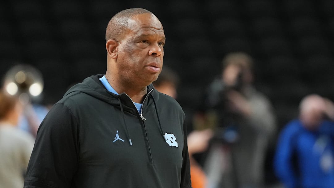Mar 18, 2026; Greenville, SC, USA; North Carolina Tar Heels head coach Hubert Davis during a practice session ahead of the first round of the men's 2026 NCAA Tournament at Bon Secours Wellness Arena. Mandatory Credit: Bob Donnan-Imagn Images