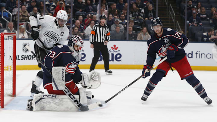 Blue Jackets goaltender Jet Greaves makes a save against the LA Kings.
