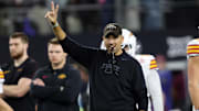 Iowa State Cyclones head coach Matt Campbell raises his hand during a game against the Arizona State Sun Devils at AT&T Stadium.