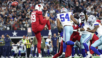 Nov 3, 2025; Arlington, Texas, USA; Dallas Cowboys defensive end Sam Williams (54) blocks a punt by Arizona Cardinals punter Pat O'Donnell (39) in the first half at AT&T Stadium. Mandatory Credit: Kevin Jairaj-Imagn Images