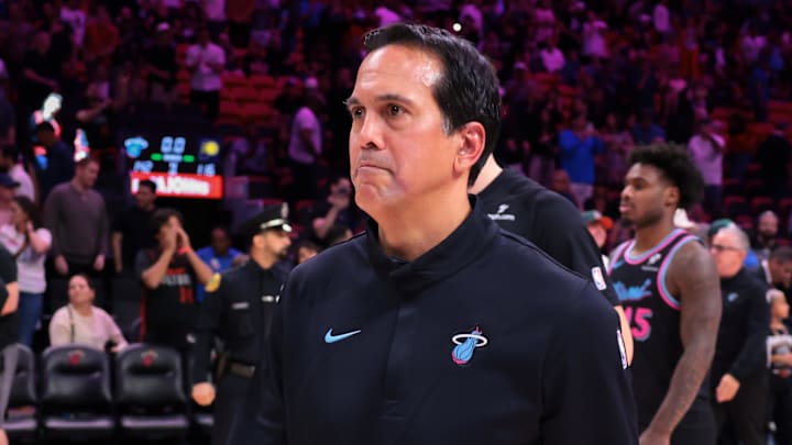 Miami Heat head coach Erik Spoelstra walks on the court (Mandatory Credit: Sam Navarro-Imagn Images)