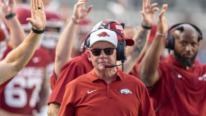 Arkansas Razorbacks offensive coordinator Bobby Petrino paces sideline following touchdown during first half against UAPB.