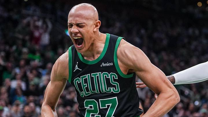 Apr 28, 2026; Boston, Massachusetts, USA; Boston Celtics guard Jordan Walsh (27) reacts after his basket against the Philadelphia 76ers in the second half during game five of the first round of the 2026 NBA Playoffs at TD Garden. Mandatory Credit: David Butler II-Imagn Images