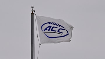 Sep 6, 2025; Dallas, Texas, USA; A view of the ACC and SMU logo during the game between the SMU Mustangs and the Baylor Bears at Gerald J. Ford Stadium. Mandatory Credit: Jerome Miron-Imagn Images