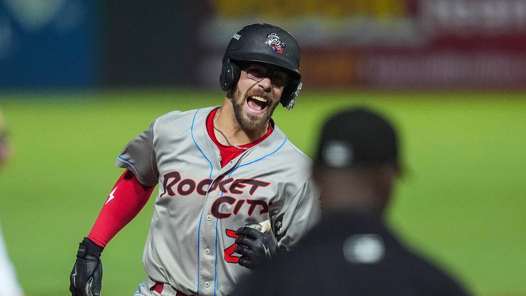 Trash Pandas catcher Jacob Cozart (28) smiles after hitting a home run during a Knoxville Smokies playoff game in the Southern League Divisional Series against Rocket City Trash Pandas at Covenant Health Park in Knoxville, Tenn., on Sept. 17, 2026.