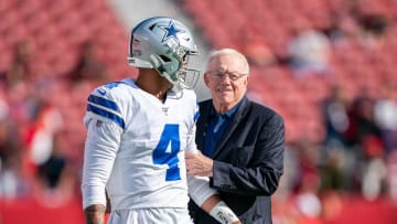 August 10, 2019; Santa Clara, CA, USA; Dallas Cowboys quarterback Dak Prescott (4) and owner Jerry Jones (right) before the game against the San Francisco 49ers at Levi's Stadium. Mandatory Credit: Kyle Terada-USA TODAY Sports