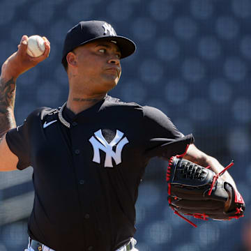 Feb 15, 2025; Tampa, FL, USA; New York Yankees starting pitcher Luis Gil (81) participates in spring training workouts at George M. Steinbrenner Field. Mandatory Credit: Nathan Ray Seebeck-Imagn Images