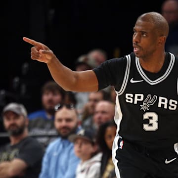 Mar 1, 2025; Memphis, Tennessee, USA; San Antonio Spurs guard Chris Paul (3) reacts after a basket during the second quarter against the Memphis Grizzlies at FedExForum. Mandatory Credit: Petre Thomas-Imagn Images