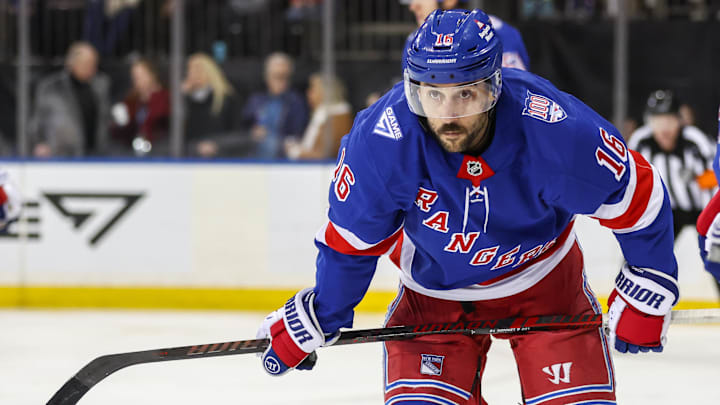 Feb 28, 2026; New York, New York, USA;  New York Rangers center Vincent Trocheck (16) at Madison Square Garden. Mandatory Credit: Wendell Cruz-Imagn Images