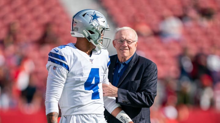 August 10, 2019; Santa Clara, CA, USA; Dallas Cowboys quarterback Dak Prescott (4) and owner Jerry Jones (right) before the game against the San Francisco 49ers at Levi's Stadium. Mandatory Credit: Kyle Terada-USA TODAY Sports