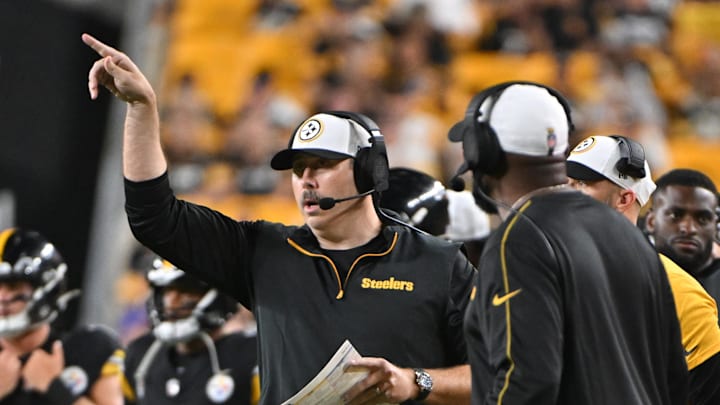 Aug 17, 2024; Pittsburgh, Pennsylvania, USA;  Pittsburgh Steelers offensive coordinator Arthur Smith reacts against the Buffalo Bills during the fourth quarter at Acrisure Stadium. Mandatory Credit: Barry Reeger-Imagn Images