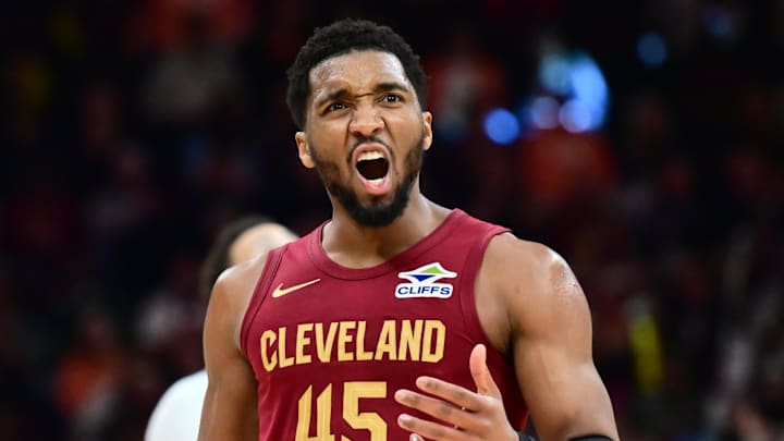 Apr 5, 2026; Cleveland, Ohio, USA; Cleveland Cavaliers guard Donovan Mitchell (45) reacts after a play during the second half against the Indiana Pacers at Rocket Arena. Mandatory Credit: Ken Blaze-Imagn Images
