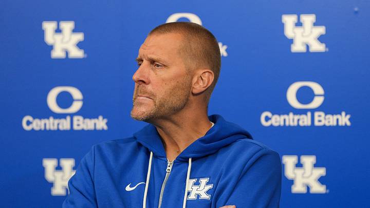 Kentucky basketball head coach Mark Pope gives an update on the upcoming 2026-27 season during a press conference in Lexington, Kentucky July 24, 2026.