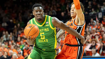 Oregon guard TJ Bamba presses toward the basket as the Oregon State Beavers host the Oregon Ducks Thursday, Nov. 21, 2024 at Gill Coliseum in Corvallis, Ore.