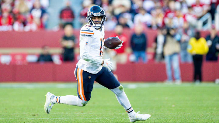 Dec 8, 2024; Santa Clara, California, USA; Chicago Bears wide receiver Keenan Allen (13) runs after catching a pass during the fourth quarter against the San Francisco 49ers at Levi's Stadium. Mandatory Credit: Bob Kupbens-Imagn Images